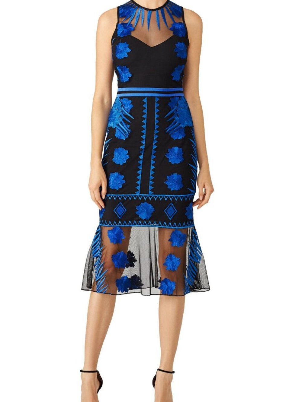 Nicole Miller Crown Embroidery On Mesh Illusion Dress/Blue Mesh Flutter Dress